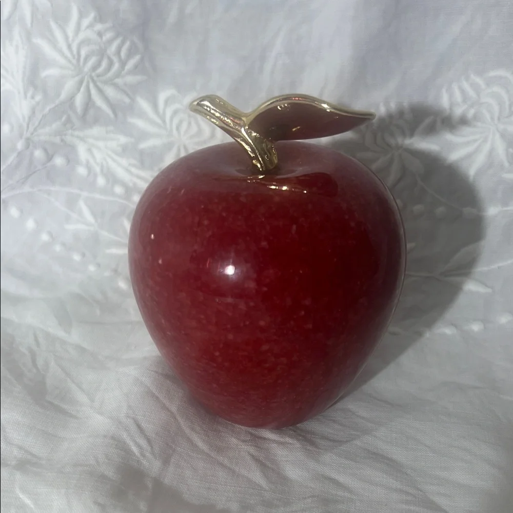 Beautiful Red Apple Paperweight with Brass Stem and Leaf Unbranded